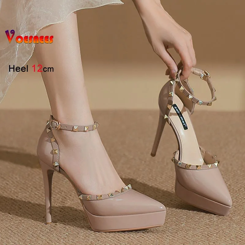 مثير خنجر المرأة الصنادل موضة مدبب تو حذا فردي للسيدات برشام تصميم الكاحل حزام عالية الكعب أحذية أنيقة أحذية سيدة الحفلات