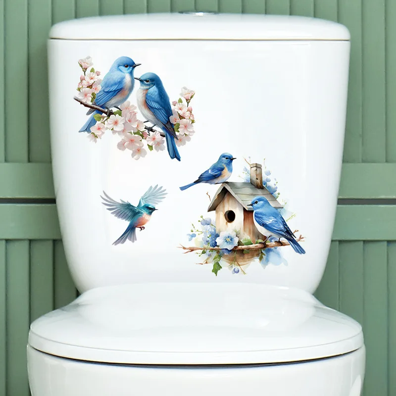 Removable Blue Bird Sticker for Toilet Lid with House Plant and Floral Design Suitable for Bathroom and Home Use Waterproof PVC