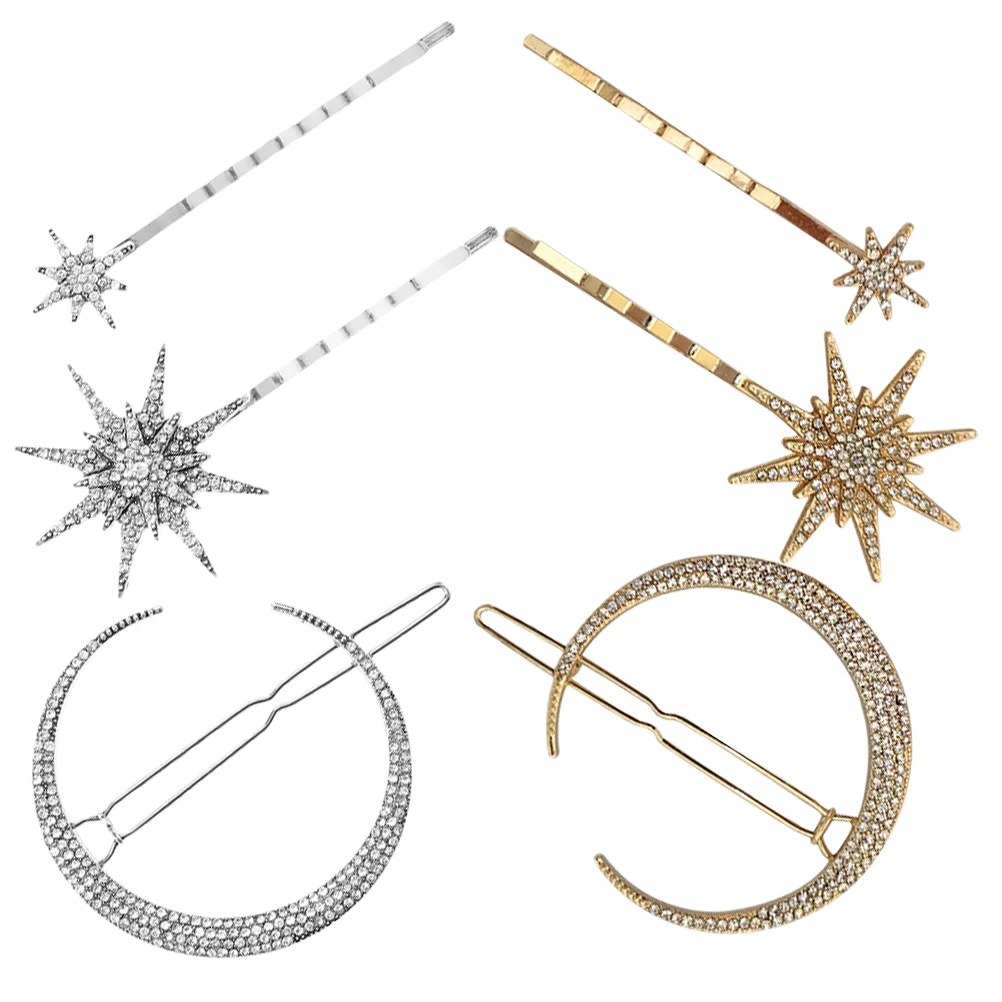 

2 Sets Retro Geometric Diamond Hairpin Star Clip Golden Clips Accessories for Women Alloy Moon