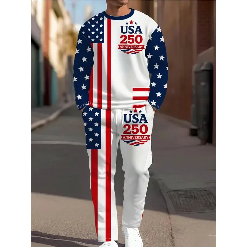 Men Round Neck Sweater Set 3D Letter Pattern Printed American Street Casual Fashionable Autumn Winter New Long Sleeve Top