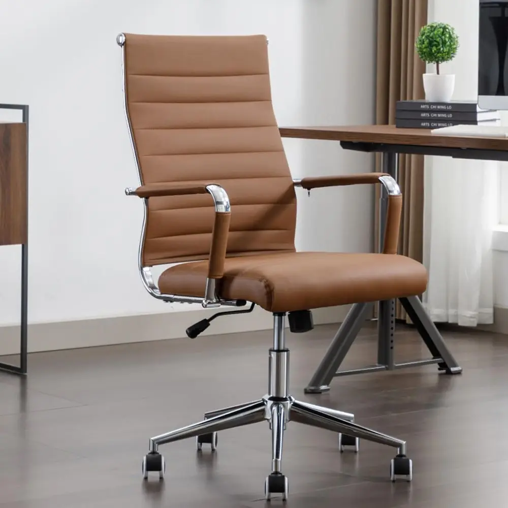 

Desk Chair Leather, Conference Room Chairs with Wheels, Executive Modern High Back Ergonomic Swivel Rolling Ribbed Computer Cha