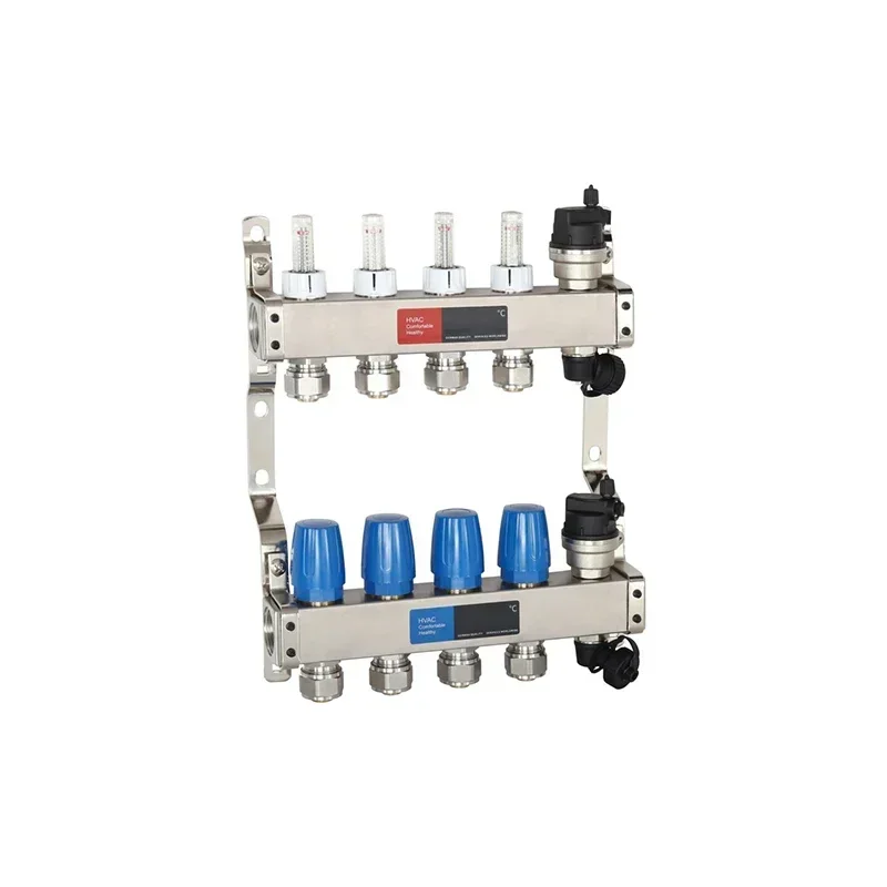 Stainless steel manifold kit for floor heating and radiant heating, including adapters for 3/4 