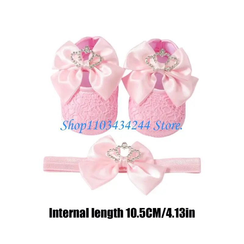  Stylish Crown Bowknot Design Newborns Girl Shoe Headband Set Feature Soft Soles And Comfortable Fabric