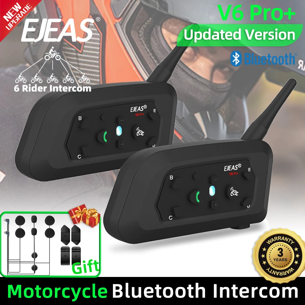 

EJEAS V6 Bluetooth-гарнитура для мотоциклетного шлема, полнодуплексный коммуникатор, водонепроницаемый интерком, музыкальный плеер для 6 мотоциклистов