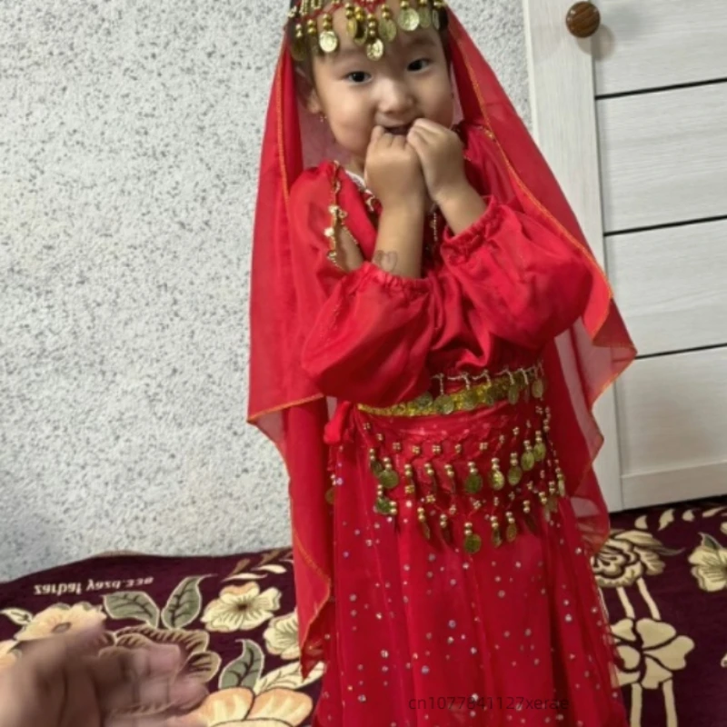 Traje de performance de dança indiana infantil, fantasia de performance de dança do ventre adulto, conjunto de mangas compridas para dança étnica de meninas