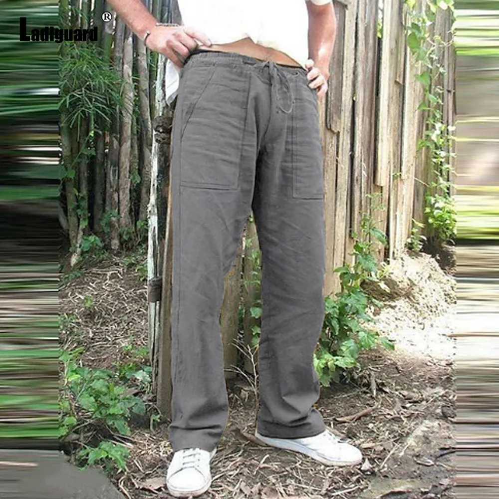 

2025 Men's Stand Pocket Casual Cotton Linen Beach Pants Dark Gray Soft Ankle-Length Trouser Plus Size Mens Straight Pants New