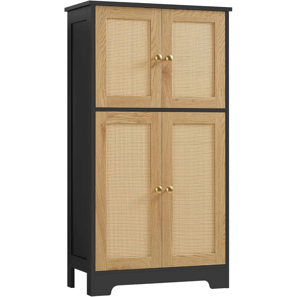 

Iwell Storage Cabinet, Rattan Cabinet with 4 Rattan Doors & Adjustable Shelf, Bathroom Floor Cabinet for Living Room, Entryway,