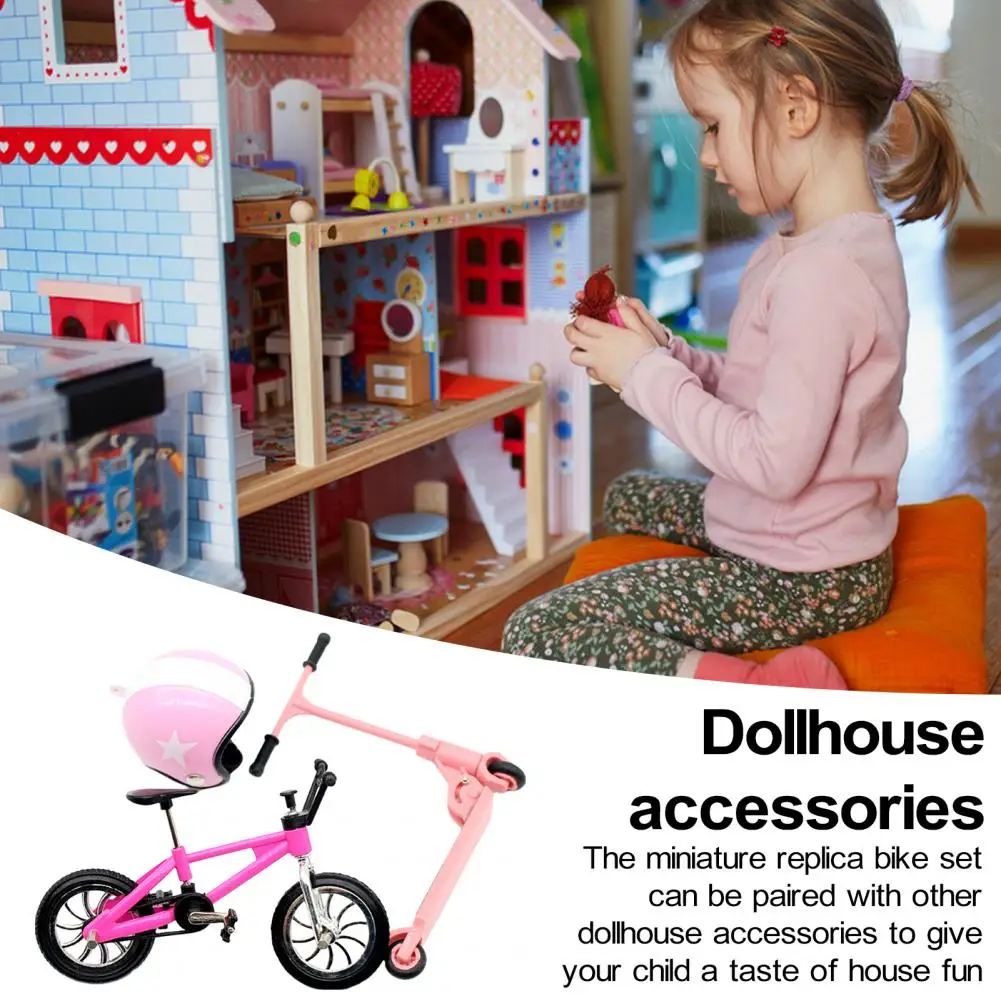 Dollhouse Bicycle Model Dollhouse Helmet Accessory Miniature Bicycle Scooter Helmet Set Finger Bike Toy for Doll Houses for 1/6