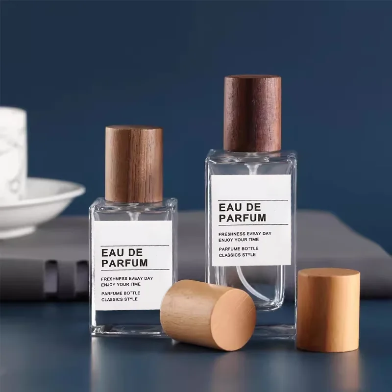 30 ml 50 ml Nachfüllbare Kosmetikbehälter Parfüm Leeres Glas Tragbare Reise Flache Quadratische Sprühflasche Ersatz Holzdeckel – Detail 3