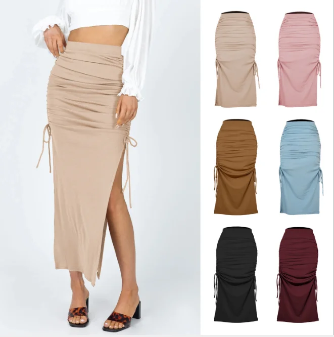 2021 European And American Split Knitted Slim Skirt Fashion Pleated Lace Up Women's Sexy Hip Long Skirt Girl Beige