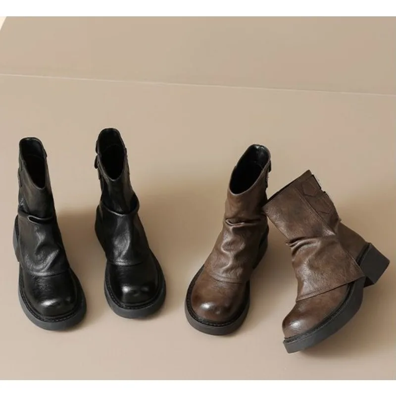 Vintage Distressed Slouch Mid Calf Boots for Women Thick Sole Block Heel Round Toe Soft Leather Boots Back Zipper AutumnFootwear