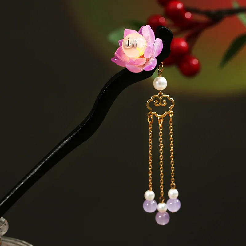 New Luminous Lotus Tassel Wooden Hairpin Hanfu Headwear for Women