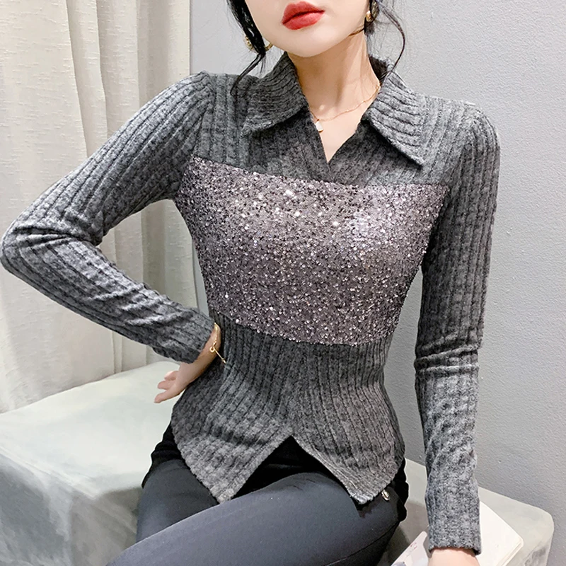 Korean Fashion POLO Collar Top Autumn Winter Women T shirt Casual Patchwork Long sleeved Sequin Tees