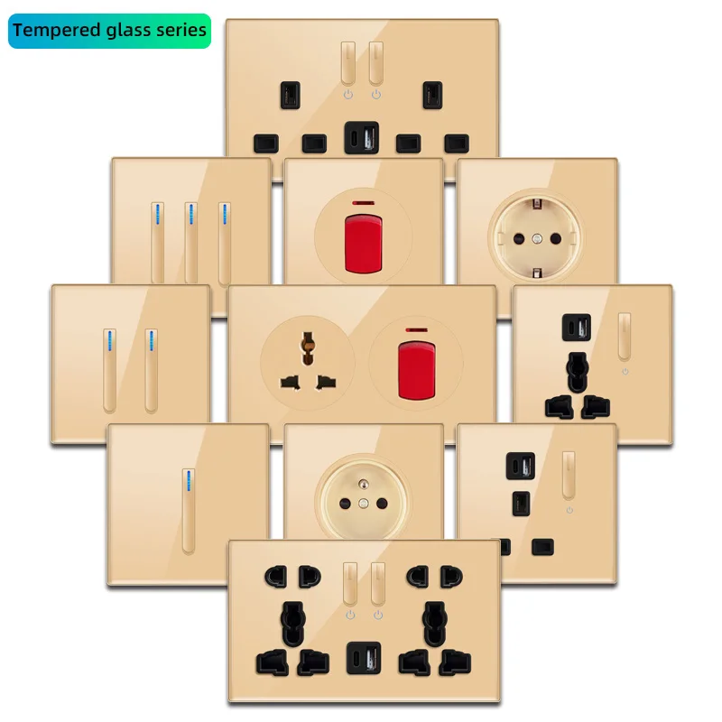

Настенный светильник, панель переключателя с самовозвратом, розетка UK13A из золотистого матового стекла с универсальной розеткой для зарядки USB-C