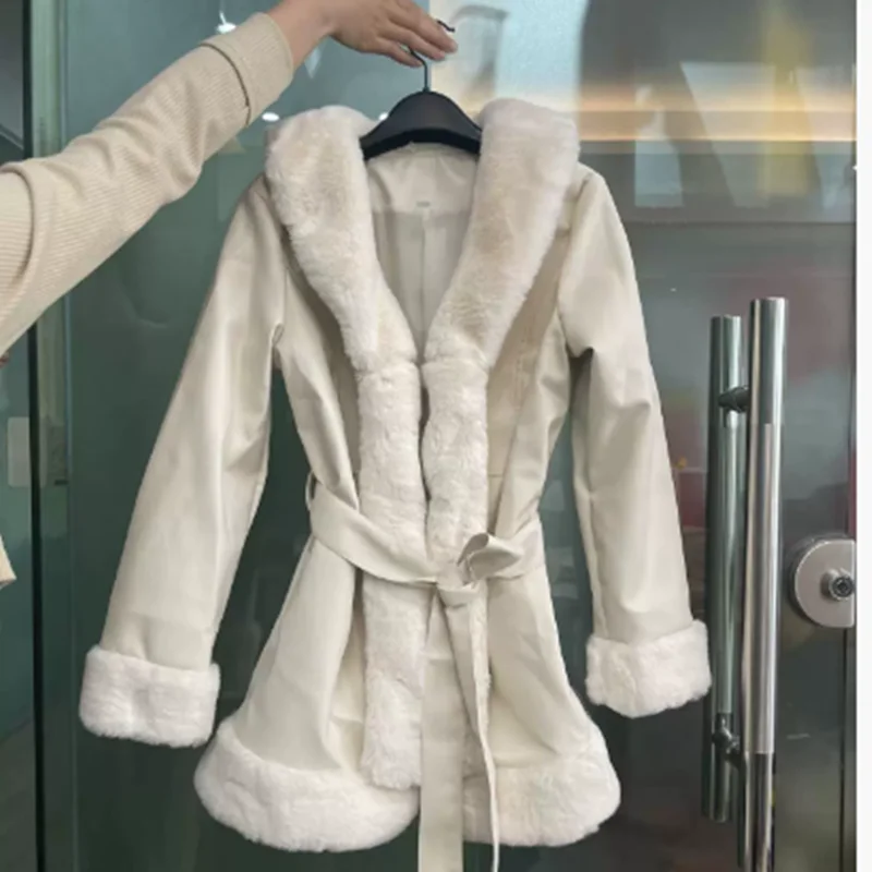 Imitation Rabbit Skin Fur Coat Women Winter Jacket Plus Size Lace-UP Waist Warm Long Jacket High Quality Female Plush Coat
