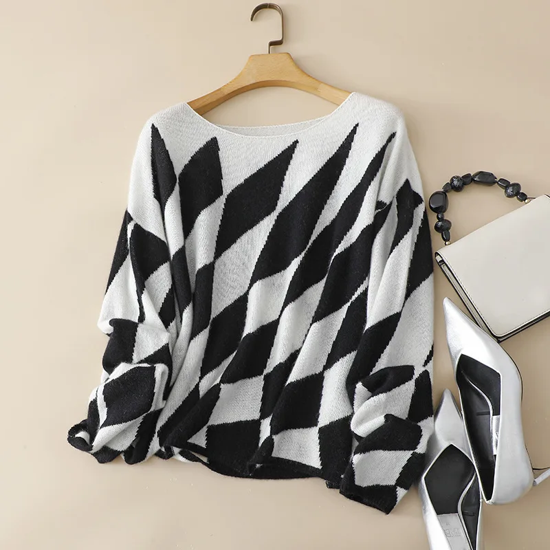 

autumn new 7gg knitted superior 100% cashmere rhomb loose sweater