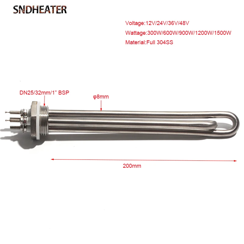 SNDHEATER 1inch Tubular Heater 12V/24V/36V/48V Solar Water Immersion Heating Tube DN25/32mm 304SS 300W/600W/900W/1.2KW/1.5KW