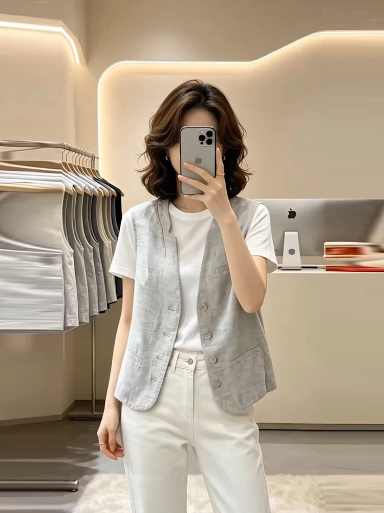 Linen Sleeveless Suit Vest Women's Summer High-End Loose Layering V-Neck Cotton Linen Shoulder Top Button up Inner Wear