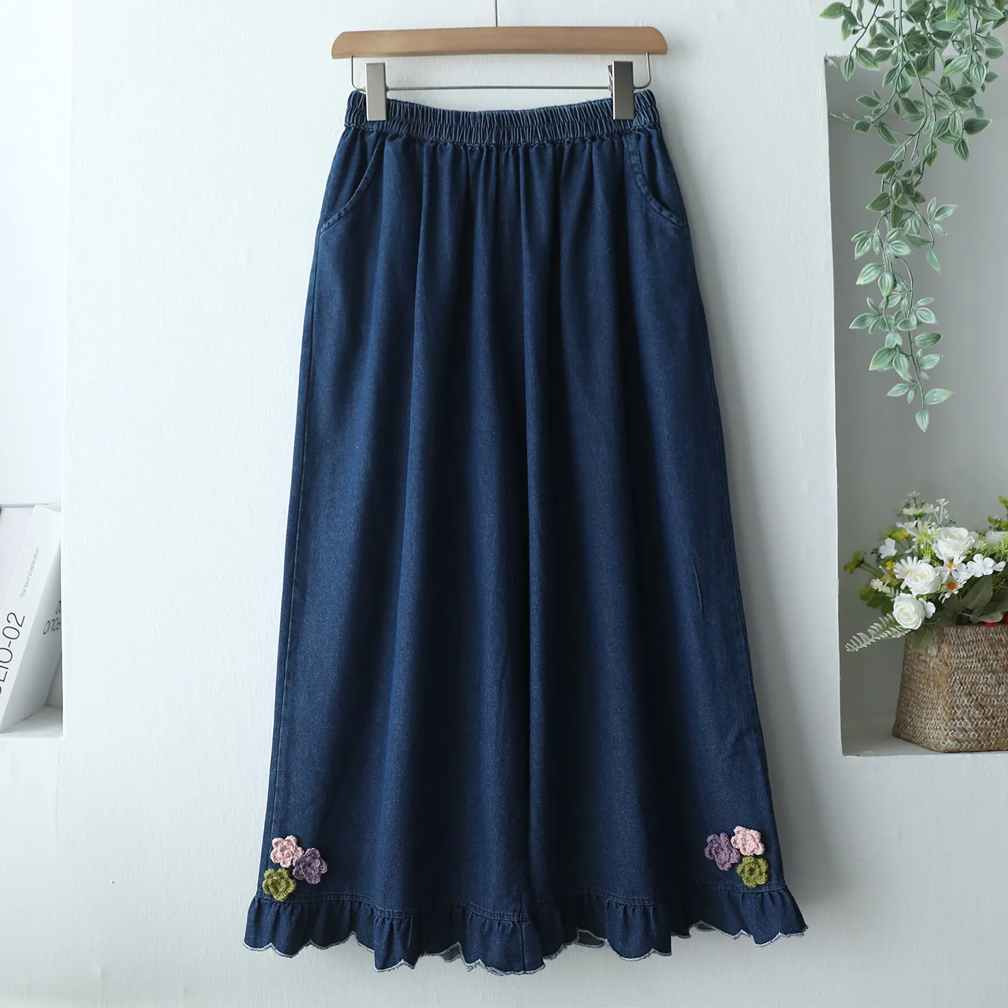 

Japanese Sweet Mori Girl Flower Appliques Denim Wide Leg Pants Women Spring Summer Elastic Waist Casual Loose Straight Jeans