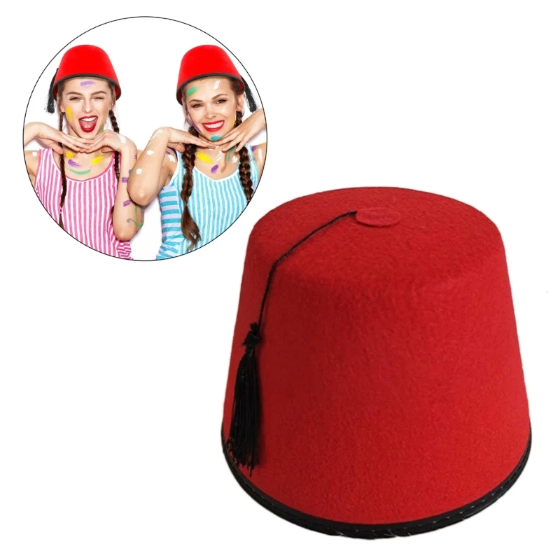 

Tarboosh Fez Hat for Men Universal Red Moroccan Hat Ottoman Round Hat Breathable Turkish Tassels Cap Role Play Headwear M6CD