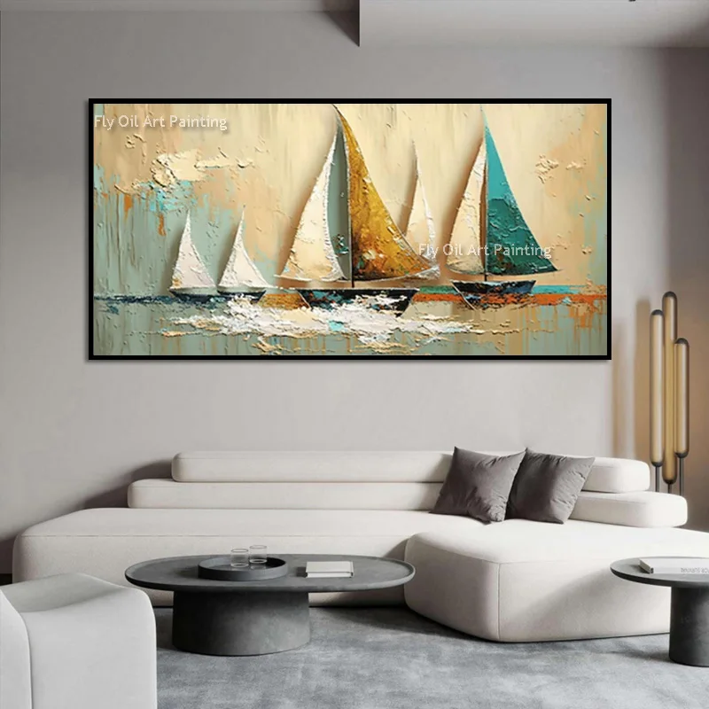 Yellow Green Maritime Fleet Knife Thick Artwork Handmade Original Home Wall Decor Items Large Light Blue White Oil Painting