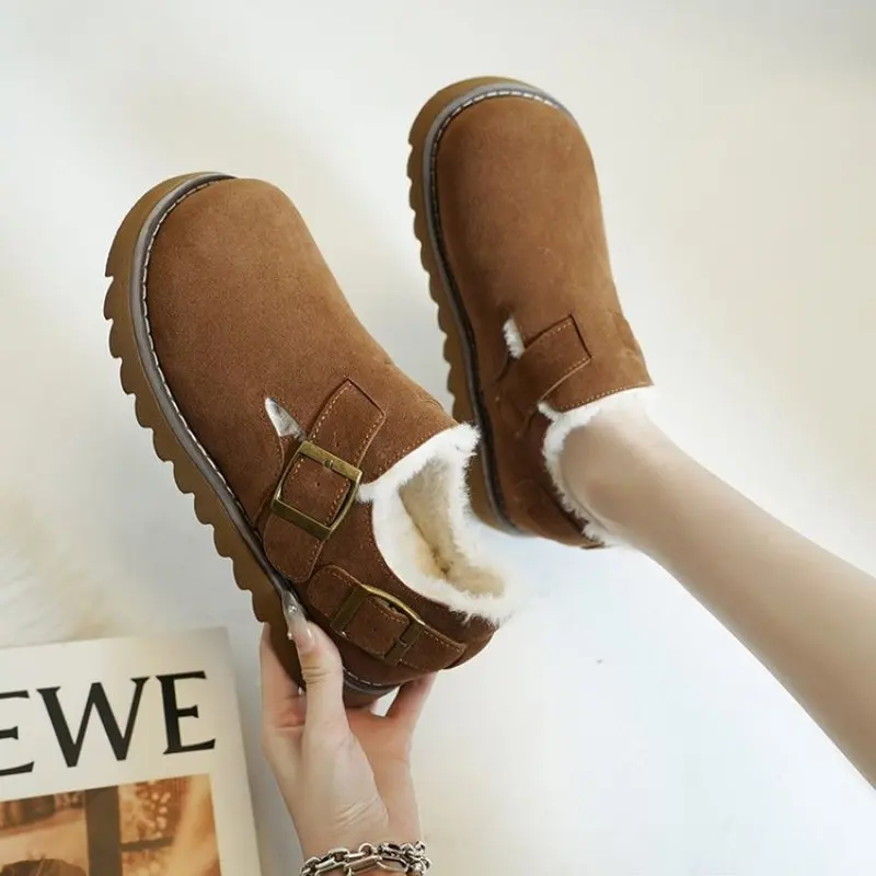 Botas de neve antiderrapantes para mulheres, pelúcia quente, dedo do pé redondo, botina de tornozelo, sapatilhas casuais, moda simples, estilo inglês, inverno, novo