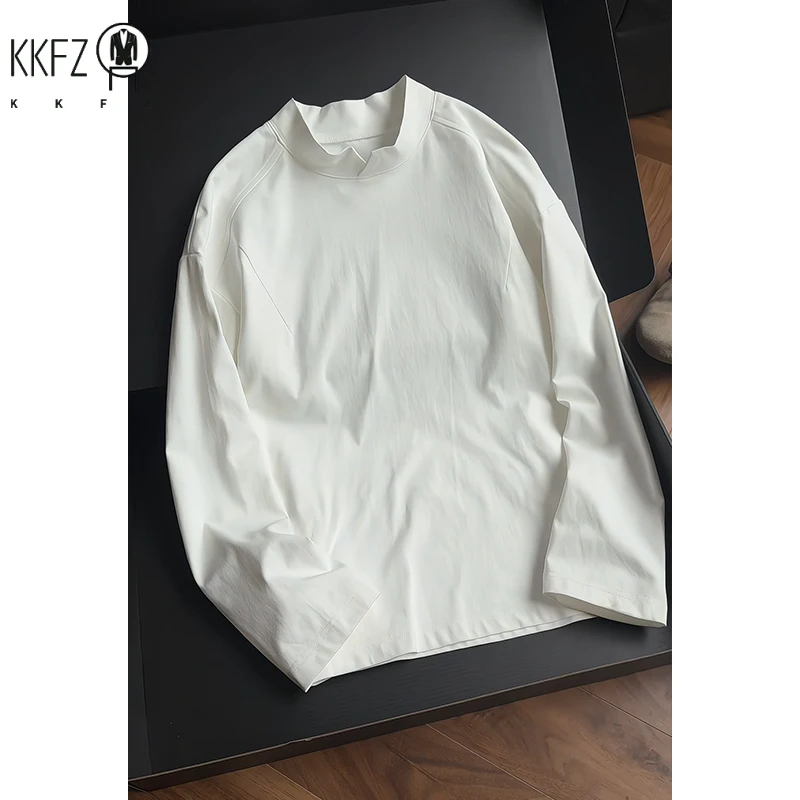 Mens Daily Wear Notched Mock Neck Long Sleeve Tee Solid Plain Fabric Loose Silhouette For Weekend Casual Gathering view 4