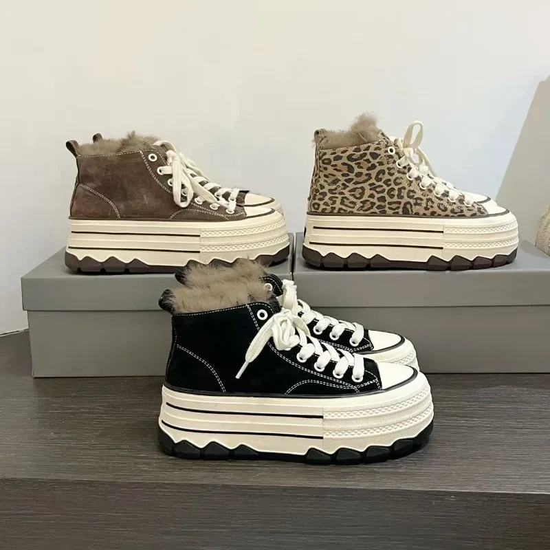Winter pluche hoge laarzen voor dames konijnenbont hoge canvas schoenen voor dames Muffin Bottom verhoging dames boardschoenen