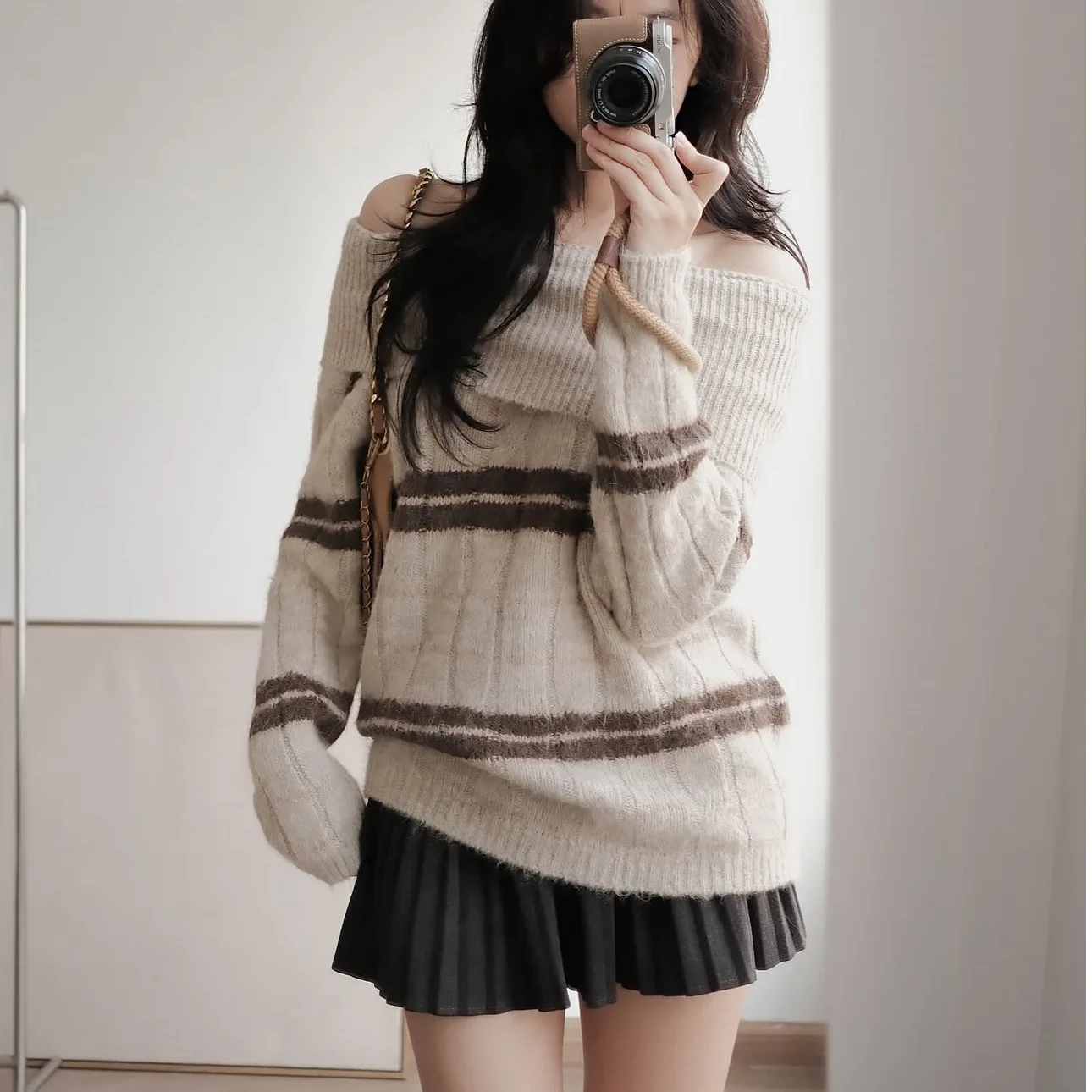 

Women's Knitted Sweater Chic Autumn Winter Design Retro One oulder Color Blo Striped Lazy Sle Long Sve Top