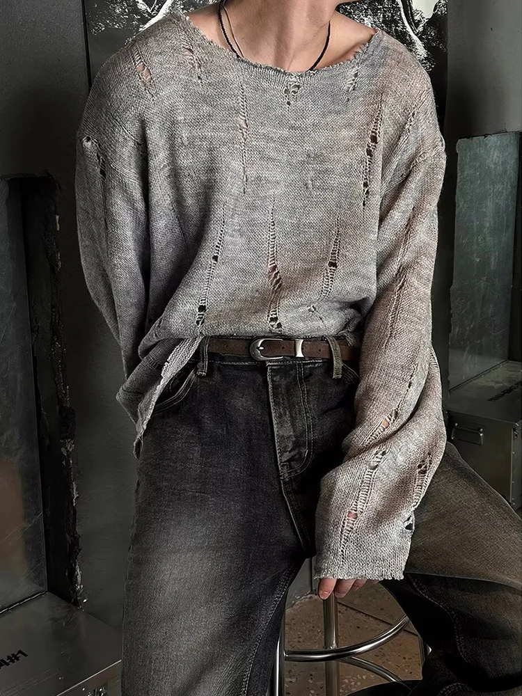 Y2K Mens Hollow Out Ripped T Shirts Streetwear Fashion Solid Color Long Sleeve O Neck Jumpers Men Autumn Vintage Knitted T-shirt