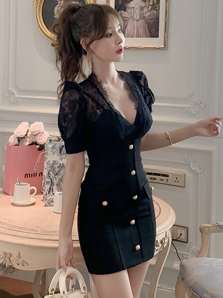 Elegancka Mini Sukienka Damska Sexy Retro Czarna Przezroczysta Koronkowa Haftowana Jednorzędowa Obcisła Krótka Sukienka na Imprezę Vestidos Mujer