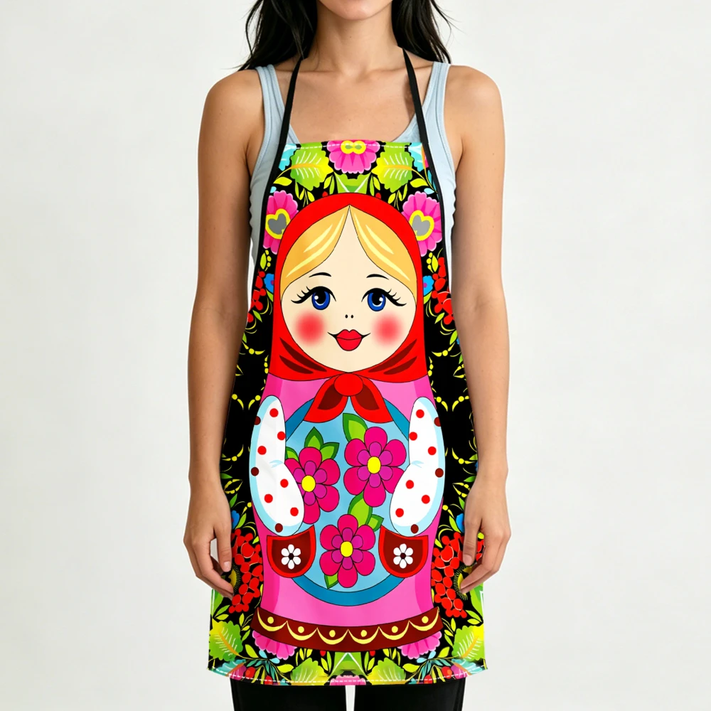 ‌Colorful  Vintage Matryoshka Floral Kitchen Apron, Russian Folk Art Cooking Bib‌ Adjustable Neck Strap for Baking‌