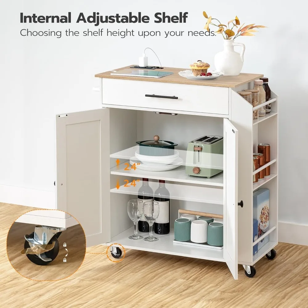 Rolling Kitchen Cart on Wheels With Power Outlet Kitchen and Dining Room for Home White and Natural WN82UZD01G1 Storage Cabinet