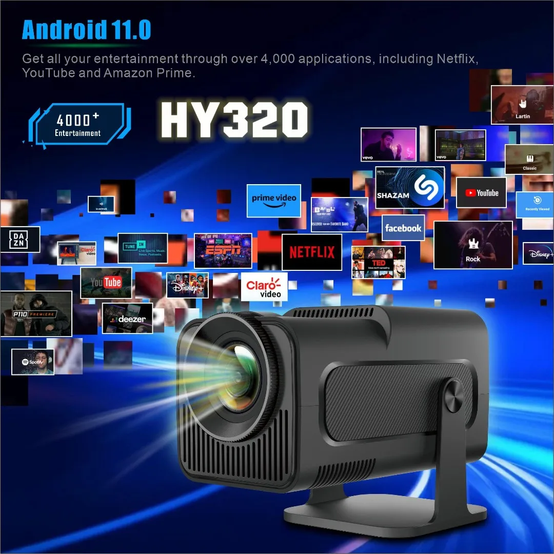 HY320 Portable Home Theater Mini Pocket Projector Black Color 300 ANSI lumen Projector Android 11 Lcd/LED Smart Projector