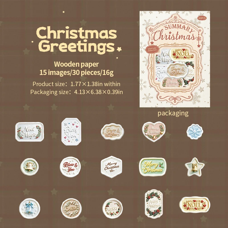 30 stuks retro kerstlabels, reliëf, gemengde vormen, feestdagenstickers voor junk journals, scrapbooking, planners en kaarten