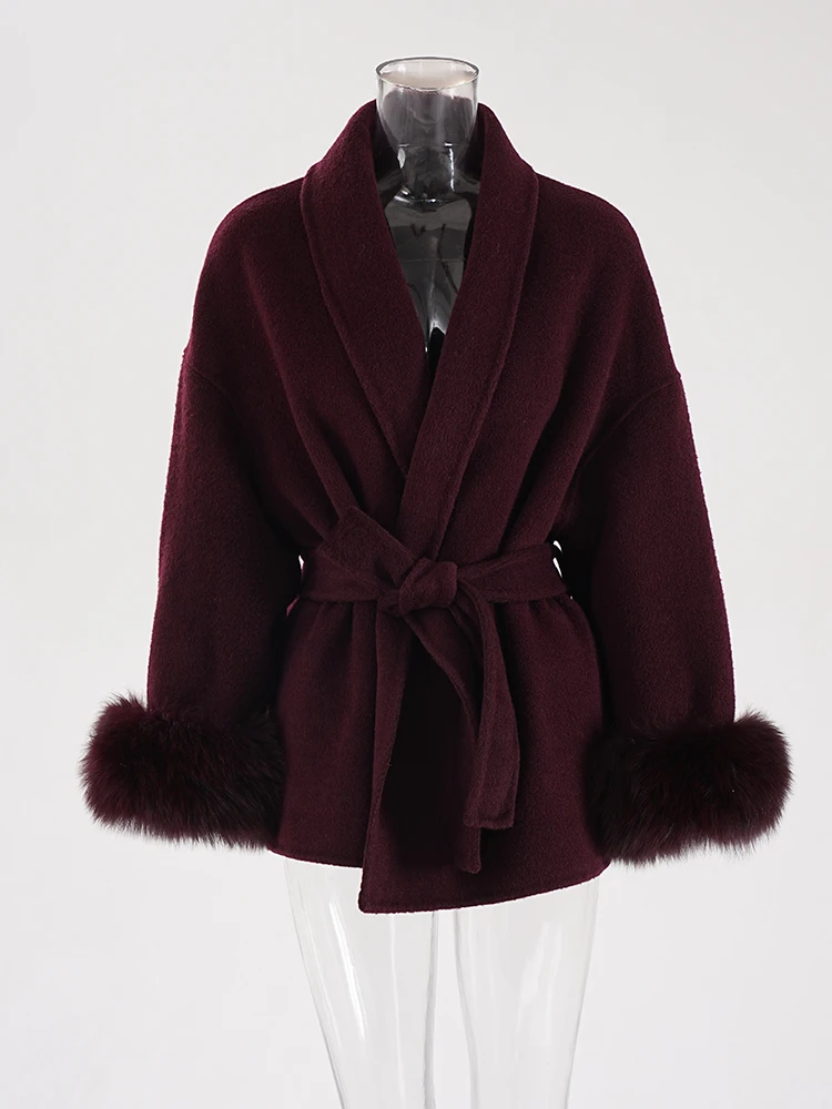 [EWQ] Flip Collar Fox Fur Double-sided Woolen Coat With Tie Up Middle Length Elegant Wool Jacket Women 2024 Spring Winter 6U7242