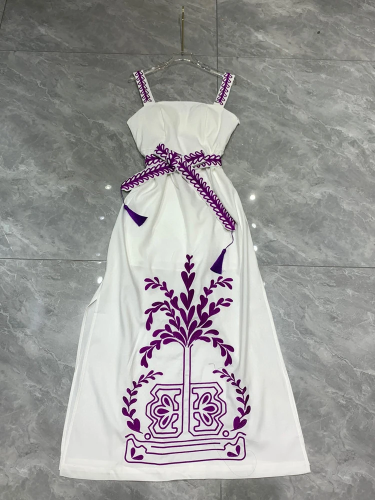 AELESEEN-Robe d'été de haute qualité pour femmes, bretelles spaghetti, vert, violet, broderie de fleurs, ceinture mince, fendue, longue, caraco de fête