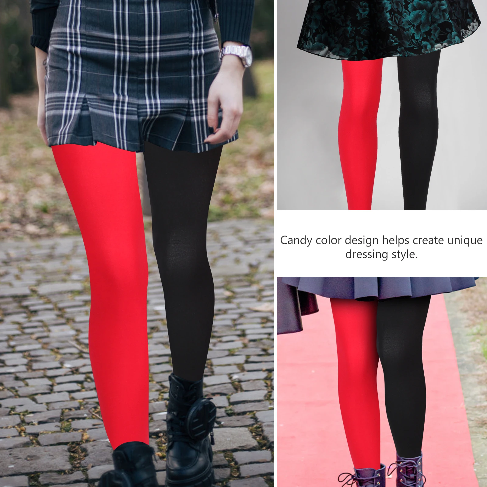 

Candy Color Two-color Asymmetrical for Women Elastic Silk Tights Party Wear Anti-slip Design Multi-colored Lattice Red for Women