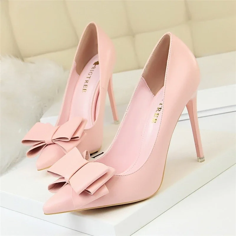 BIGTREE Spring Summer Heels Shoes Pink Woman Baby Blue Sweet Bow Women High Heels Matte Leather Pumps Lady Thin Heel Pointed 34