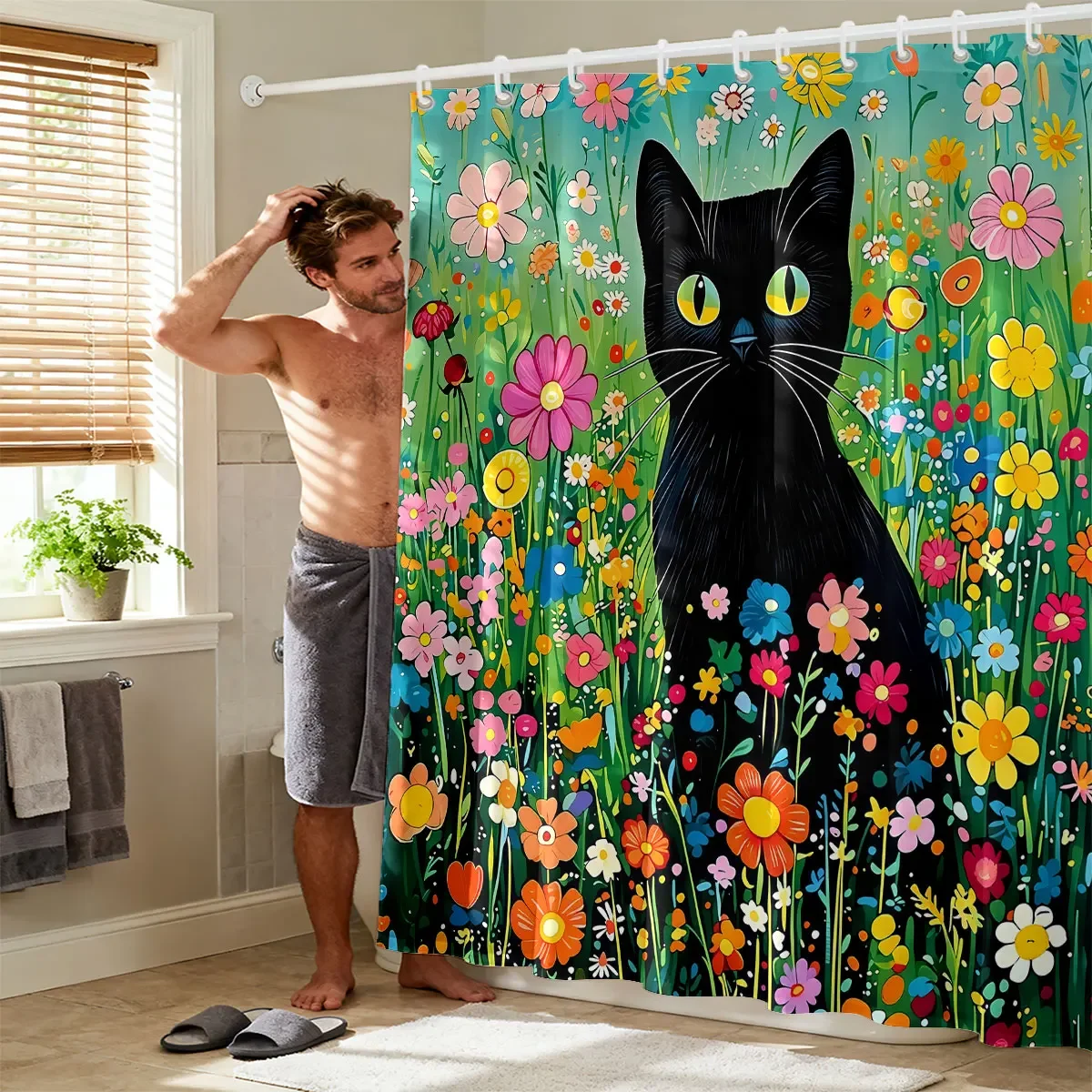 1pc Cute Cartoon Black Cat Printed Waterproof Shower Curtain Partition Privacy Hanging Curtain, 12 Hooks, Multiple Sizes