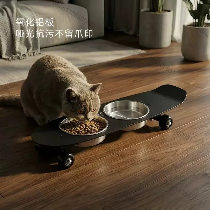 Skateboard cat bowl 304 stainless steel double bowl anti-knock pet bowl anti-black chin cat food basin