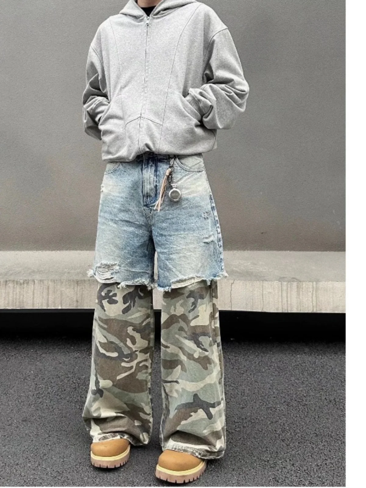 

Retro American Street Vibe Camouflage Jeans Men's Loose Splicing Washed Straight Leg Wide Leg Pants Breathable Polyester Cott...