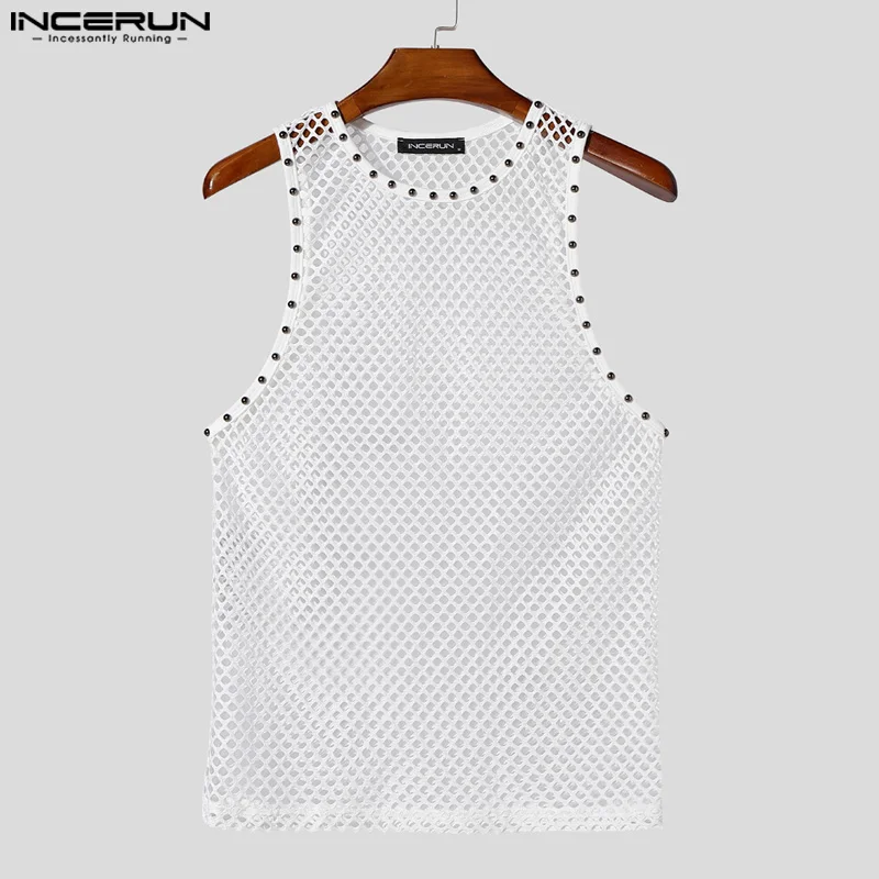 INCERUN Men Tank Tops Solid Color Mesh Hollow Out See Through Male Vests Summer Sexy Streetwear 2025 Fashion Men Clothing S-5XL