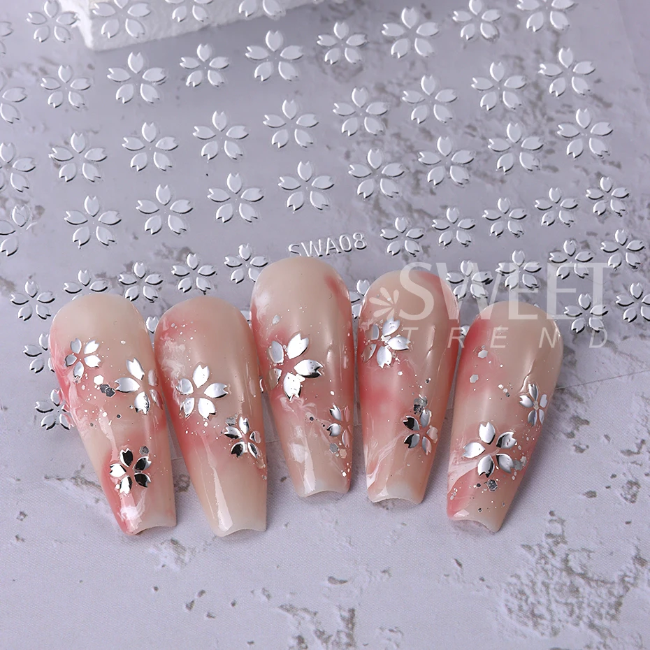 3d Laser Sakura Bloem Nail Art Sticker Holografische Folies Goud Wit Bloemen Stickers Zelfklevende Schuifregelaars Kersenbloesem Manicure Diy