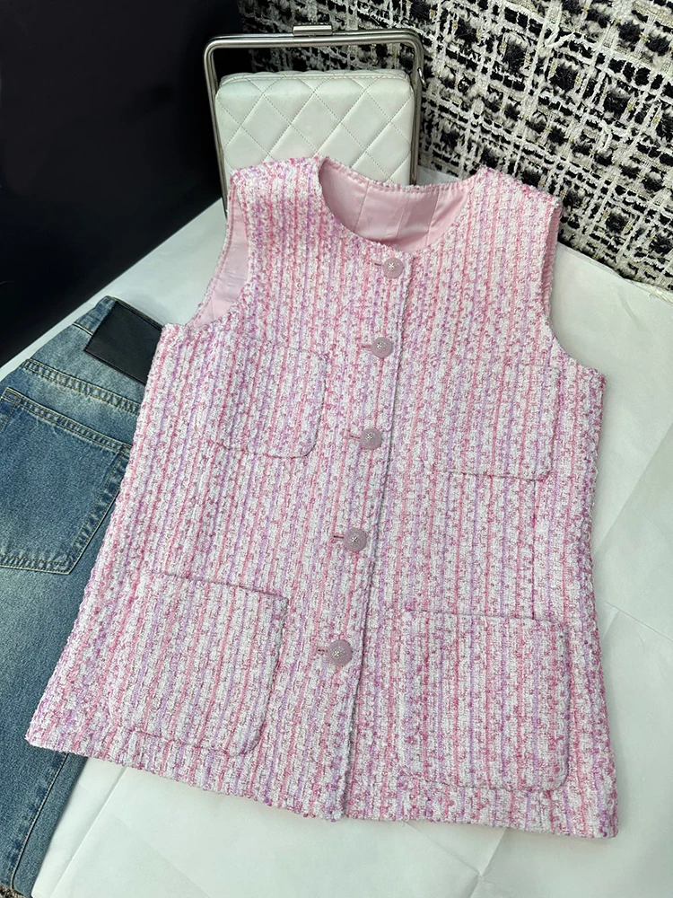 

Women's Celebrity Pink Tweed Vest Luxury Round Neck Single Breasted Classic Four Pocket Jacket Sleeveless Vest Designer Evening