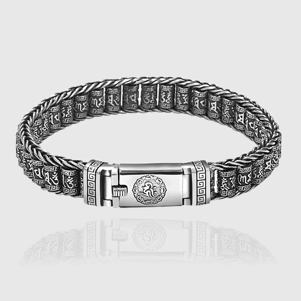 

Handmade Silver Color Reative Passepartout Prayer Wheel Bracelet Men Transfer Beads Six-Character Mantra Retro Women Charm Chain