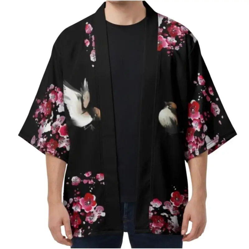 Japanese Sakura & Geisha Print Kimono for Men Women Summer Casual Loose Floral Bird Pattern Yukata Open Front Haori Streetwear