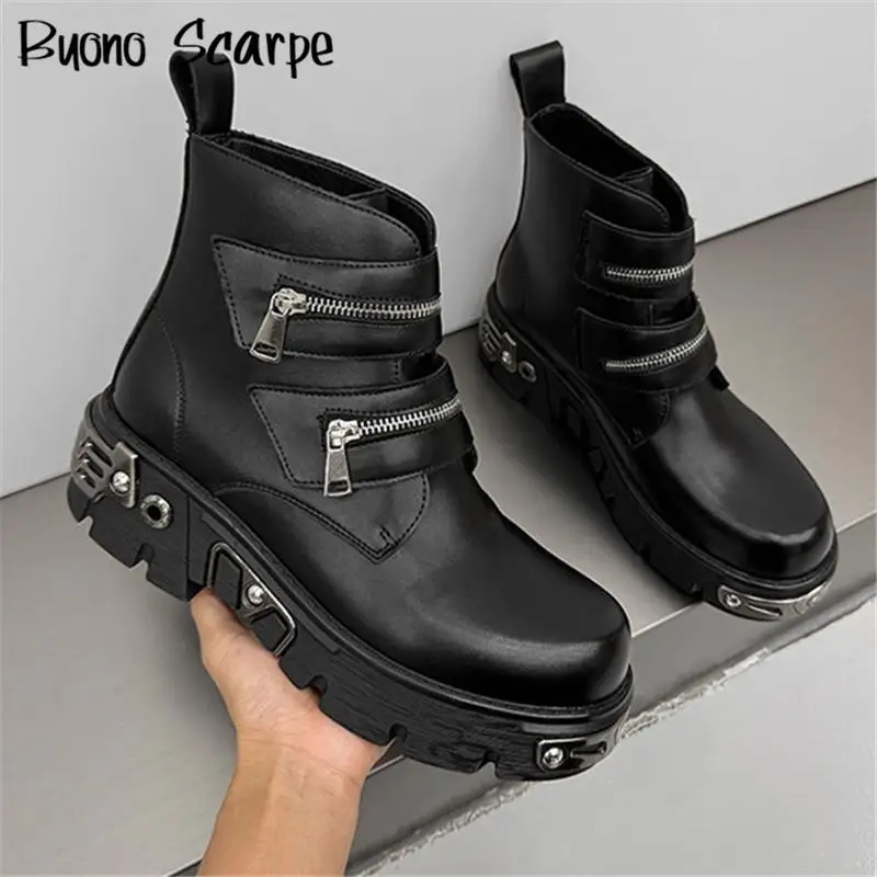 

Unisex Punk Style Metal Decoration Round Toe Thick Sole Platform Chunky Heels Men Boots Hook Loop Fashion Western Street Shoes