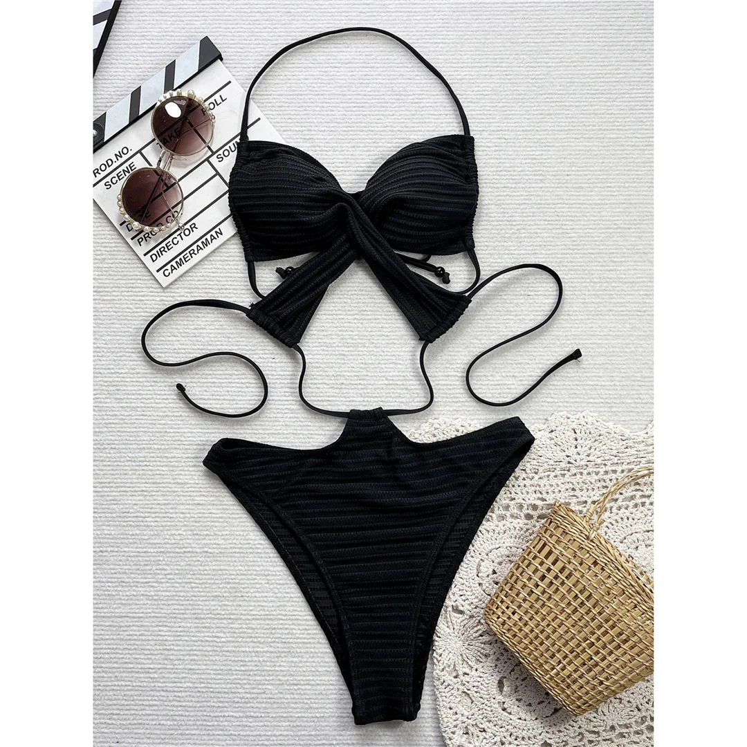 Sexy gerippter, rückenfreier Badeanzug mit Ausschnitten und Neckholder für Damen, einteiliger Badeanzug mit hohem Beinausschnitt und Polsterung, Badebekleidung V6276 – Detail 9