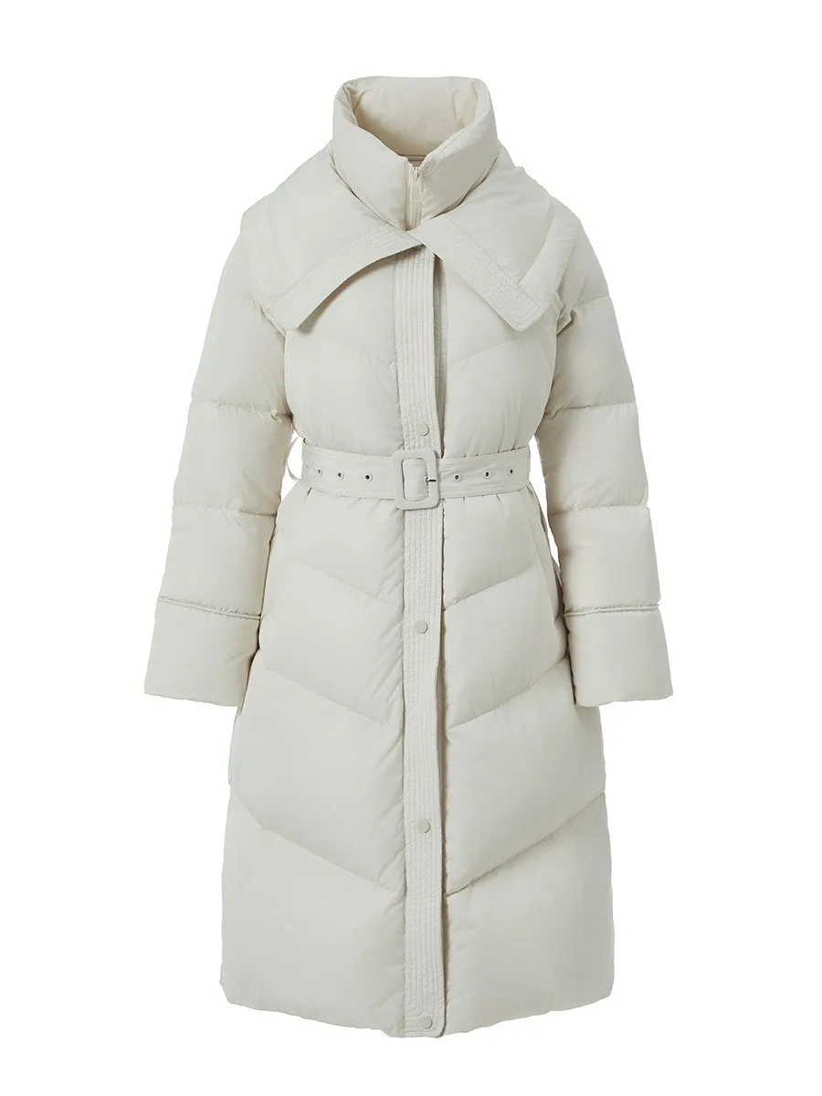 Manteau bouffant Long à ceinture pour femme, veste matelassée en duvet de canard blanc crème, Parka d'hiver chaude avec col, vêtements d'extérieur détaillés